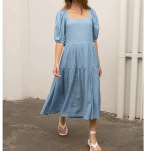 NWT Moon River Light Blue Swiss Dot Midi Dress